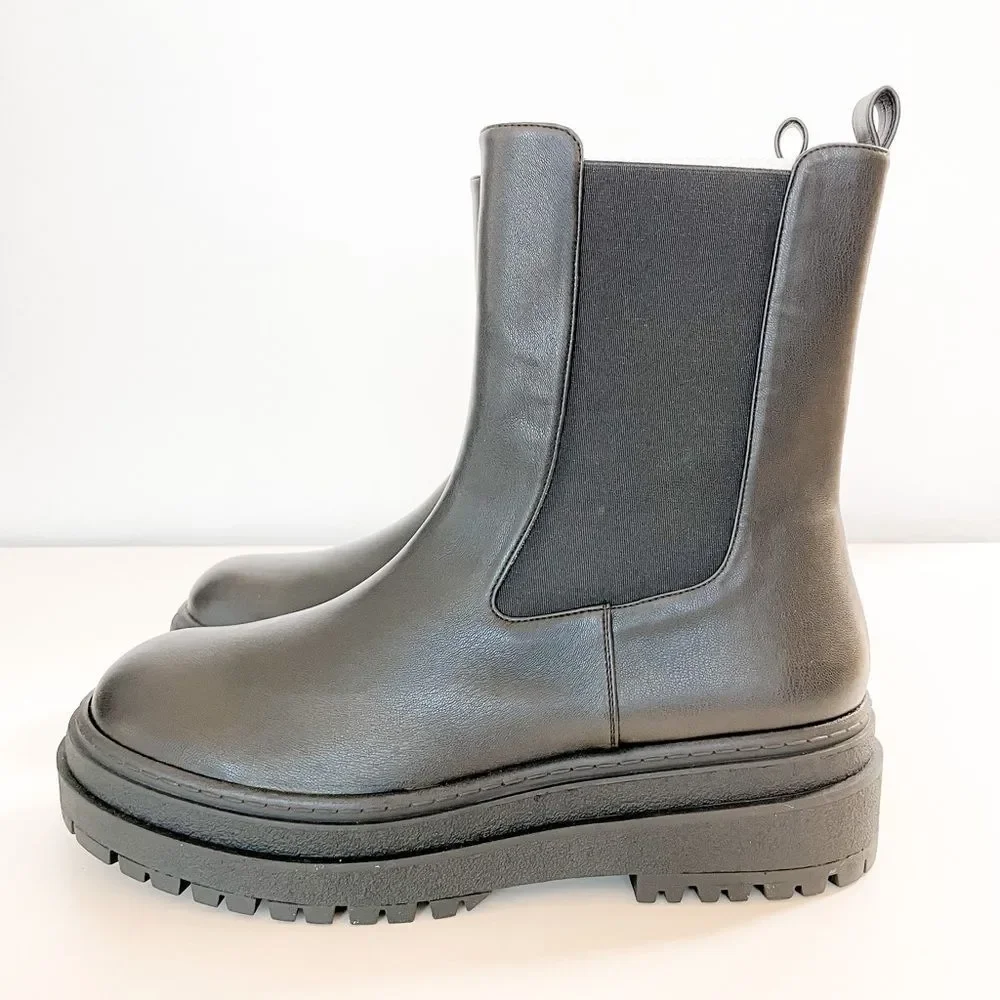 New Good American Black Leather Pull On Platform Boots - Picture 6 of 13